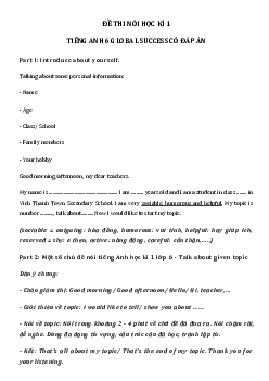 Đề thi nói tiếng Anh lớp 6 học kì 1 năm 2023 - 2024