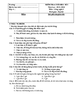 Đề thi học kì 1 môn Công nghệ 4 năm 2023 - 2024 sách Cánh diều | đề 2