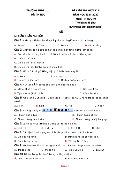 Đề thi giữa học kì 2 Tin 10 năm học 2021-2022 có đáp án
