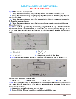 Bài tập trắc nghiệm môn vật lý 9 Bài 5 Đoạn mạch song song (có đáp án)
