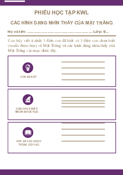 Chủ đề 11. Bài 34: Các hình dạng nhìn thấy của mặt trăng(Phiếu học tập) | Bài giảng KHTN 6 | Cánh diều