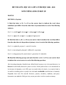 Đề thi giữa học kì 2 môn tiếng Anh lớp 12 trường THPT Nguyễn Trãi, Thái Bình