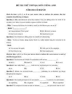 Đề thi thử THPT Quốc gia môn Tiếng Anh năm 2021 trường THPT Hàm Rồng lần 1 (có đáp án)