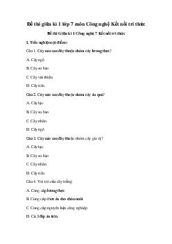 Đề thi giữa kì 1 lớp 7 môn Công nghệ 7 | Đề 2 | Kết nối tri thức