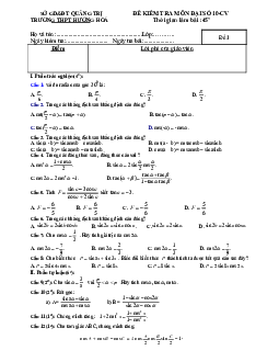 Đề kiểm tra Đại số 10 chương 6 (Công thức lượng giác) trường THPT Hướng Hóa – Quảng Trị