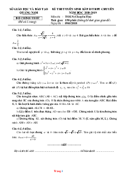 Đề thi tuyển sinh vào lớp 10 năm 2018-2019 môn toán chuyên tin Sở GD Quảng Nam (có đáp án và lời giải chi tiết)