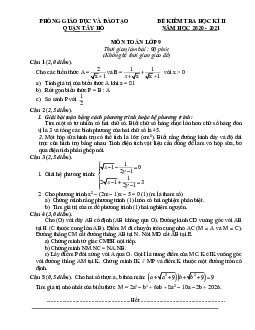 Đề kiểm tra học kì 2 Toán 9 năm 2020 – 2021 phòng GD&ĐT Tây Hồ – Hà Nội