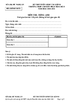 Đề thi tuyển sinh lớp 10 THPT chuyên Phan Bội Châu - Nghệ An năm học 2011-2012 môn Tiếng Anh (có đáp án )