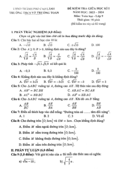 Đề giữa kì 1 Toán 9 năm 2023 – 2024 trường THCS Võ Trường Toản – Đồng Tháp