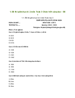 Bộ đề thi giữa học kì 2 môn Toán 3 năm 2023 - 2024 sách Chân trời sáng tạo