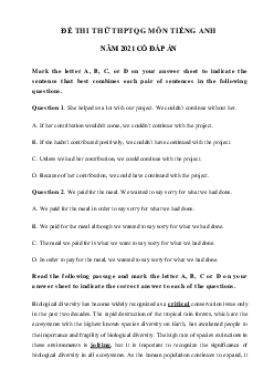 Đề thi thử THPT Quốc gia môn Tiếng Anh năm 2021 trường THPT Đoàn Thượng lần 1 (có đáp án)