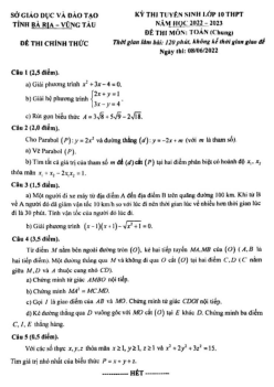 Đề tuyển sinh lớp 10 môn Toán (chung) năm 2022 – 2023 sở GD&ĐT Bà Rịa – Vũng Tàu