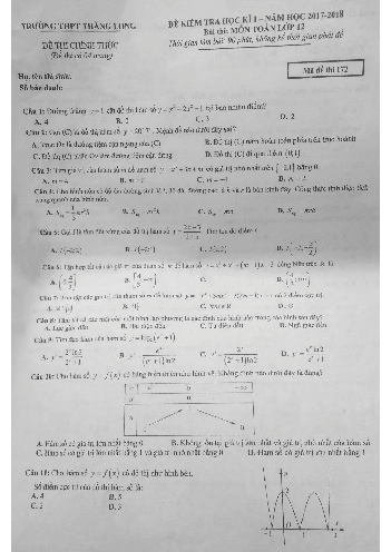 Đề thi HK1 Toán 12 năm học 2017 – 2018 trường THPT Thăng Long – Hà Nội