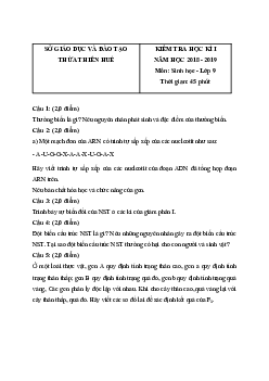 Đề thi học kì 1 lớp 9 môn Sinh học Sở GD&ĐT Thừa Thiên Huế năm học 2018 - 2019