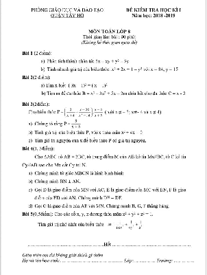 Đề kiểm tra học kỳ 1 Toán 8 năm 2018 – 2019 phòng GD&ĐT Tây Hồ – Hà Nội