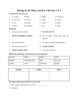 Bài tập ôn hè Tiếng Anh lớp 4 lên lớp 5 số 1