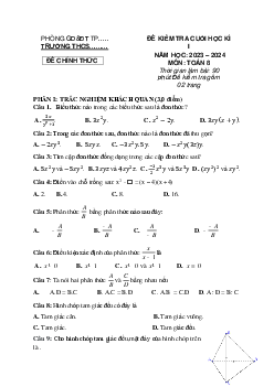 Đề thi học kì 1 môn Toán 8 năm 2023 - 2024 sách Cánh diều - Đề 4