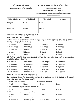 Đề kiểm tra HSG cấp trường lần 2 năm học 2014-2015 môn Tiếng Anh – Lớp 12 THPT Hàn Thuyên - Bắc Ninh
