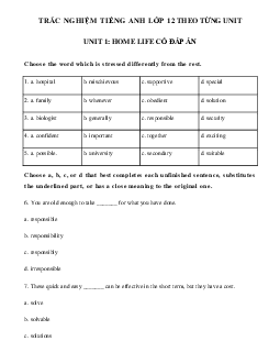 Bài tập tiếng Anh lớp 12 Unit 1 Home life hệ 7 năm