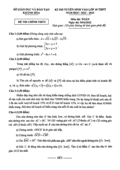 Đề tuyển sinh vào lớp 10 môn Toán năm 2022 – 2023 sở GD&ĐT Khánh Hòa