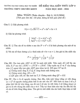 Đề kiểm tra Toán 9 (chuyên) đợt 2 năm 2023 – 2024 trường chuyên KHTN – Hà Nội