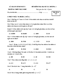 Đề kiểm tra Đại số và Giải tích 11 chương 2 (Tổ hợp – xác suất) trường THPT Trần Phú – Bình Phước