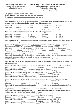 Đề kiểm tra 1 tiết HK2 Tiếng Anh lớp 12 năm học 2016 - 2017 (Lần 1) có đáp án