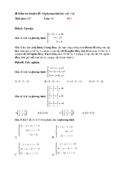 Đề kiểm tra 15 phút Toán chuyên đề hệ phương trình bậc nhất ba ẩn lớp 10 năm 2022-2023