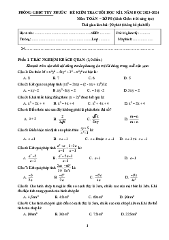 Đề cuối kì 1 Toán 8 CTST năm 2023 – 2024 phòng GD&ĐT Tuy Phước – Bình Định