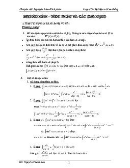 Tóm tắt các dạng toán và bài tập Nguyên hàm – Tích phân – Nguyễn Thanh Sơn Toán 12