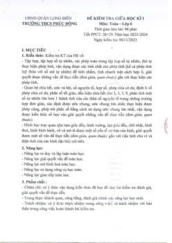 Đề giữa kì 1 Toán 6 năm 2023 – 2024 trường THCS Phúc Đồng – Hà Nội