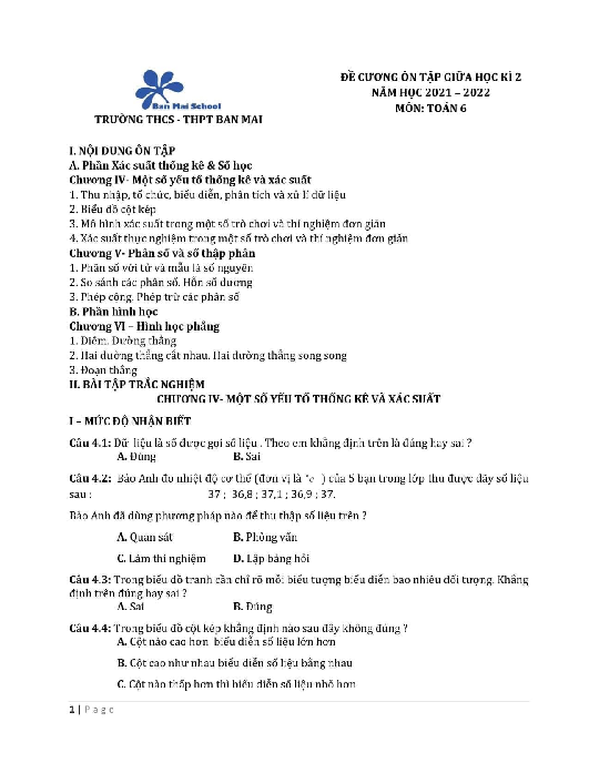 Đề cương giữa học kì 2 Toán 6 năm 2021 – 2022 trường THCS – THPT Ban Mai – Hà Nội