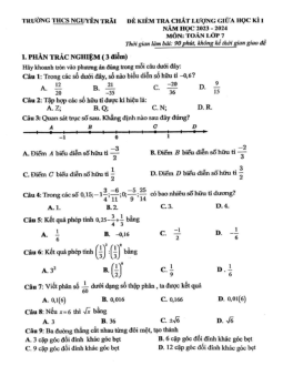 Đề giữa học kì 1 Toán 7 năm 2023 – 2024 trường THCS Nguyễn Trãi – Hà Nội