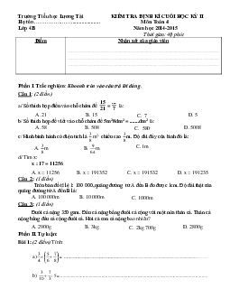 Đề kiểm tra cuối học kì 2 môn Toán lớp 4 trường Tiểu học Lương Tài, Hưng Yên