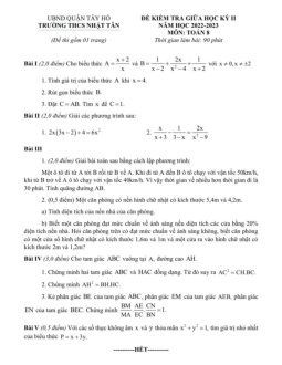 Đề giữa học kỳ 2 Toán 8 năm 2022 – 2023 trường THCS Nhật Tân – Hà Nội