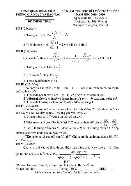 Đề thi học kì 1 Toán 9 năm 2019 – 2020 phòng GD&ĐT Hoàn Kiếm – Hà Nội