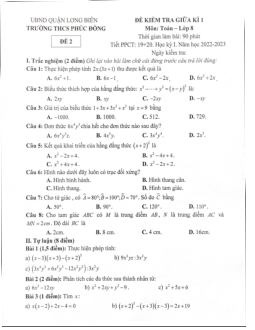 Đề giữa học kì 1 Toán 8 năm 2022 – 2023 trường THCS Phúc Đồng – Hà Nội