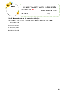 Đề thi học kì 2 Toán lớp 2 theo Thông tư 27 năm 2022-2023 | Cánh Diều