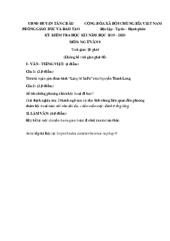 Đề thi học kì 1 lớp 9 môn Ngữ văn Phòng GD&ĐT huyện Tân Châu năm học 2019 - 2020