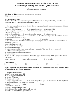 Kì thi chọn đội tuyển chính thức dự thi HSG quốc gia lớp 12 THPT tỉnh Đồng Tháp năm học 2020-2021 môn thi Tiếng Anh