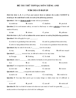 Đề thi thử THPT Quốc gia môn Tiếng Anh năm 2021 trường THPT Lương Thế Vinh lần 1 (có đáp án)