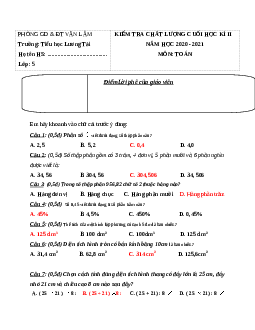 Đề thi học kì 2 lớp 5 môn Toán trường Tiểu học Lương Tài, Hưng Yên năm học 2020 - 2021