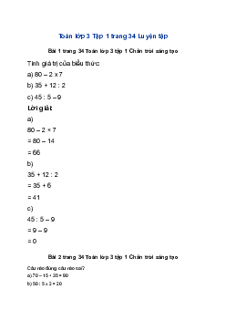 Toán lớp 3 trang 34 Tính giá trị của biểu thức (tiếp theo) Chân trời sáng tạo
