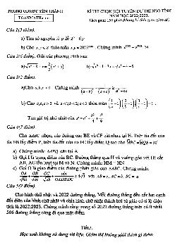 Đề chọn đội tuyển thi HSG tỉnh Toán 9 năm 2022 – 2023 phòng GD&ĐT Yên Thành – Nghệ An
