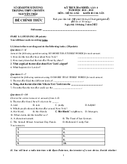 Kì thi năng khiếu lần 4 môn Tiếng Anh khối 10 năm 2021-2022 chuyên trường THPT Nguyễn Trãi - Hải Dương (có đáp án)