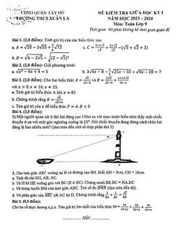 Đề giữa học kỳ 1 Toán 9 năm 2023 – 2024 trường THCS Xuân La – Hà Nội