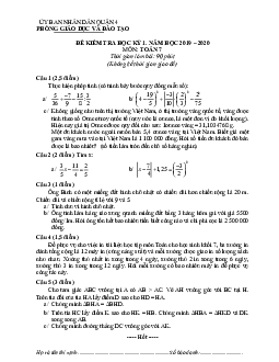 Đề thi học kỳ 1 Toán 7 năm 2019 – 2020 phòng GD&ĐT Quận 4 – TP HCM