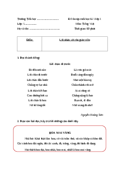 Ma trận + Đề ôn tập cuối học kì 1 môn Tiếng Việt lớp 1 Kết nối tri thức - Đề 1