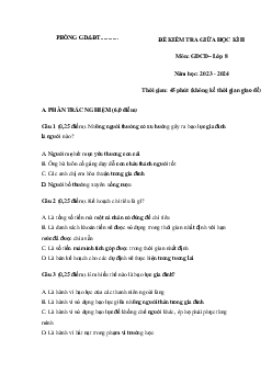 Đề thi giữa học kì 2 môn Giáo dục công dân 8 năm 2023 - 2024 sách Kết nối tri thức với cuộc sống - Đề 2