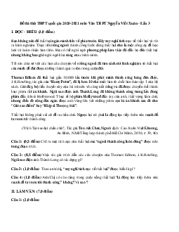 Đề thi thử THPT Quốc gia 2021 môn Ngữ Văn trường Nguyễn Viết Xuân lần 3  (có đáp án)